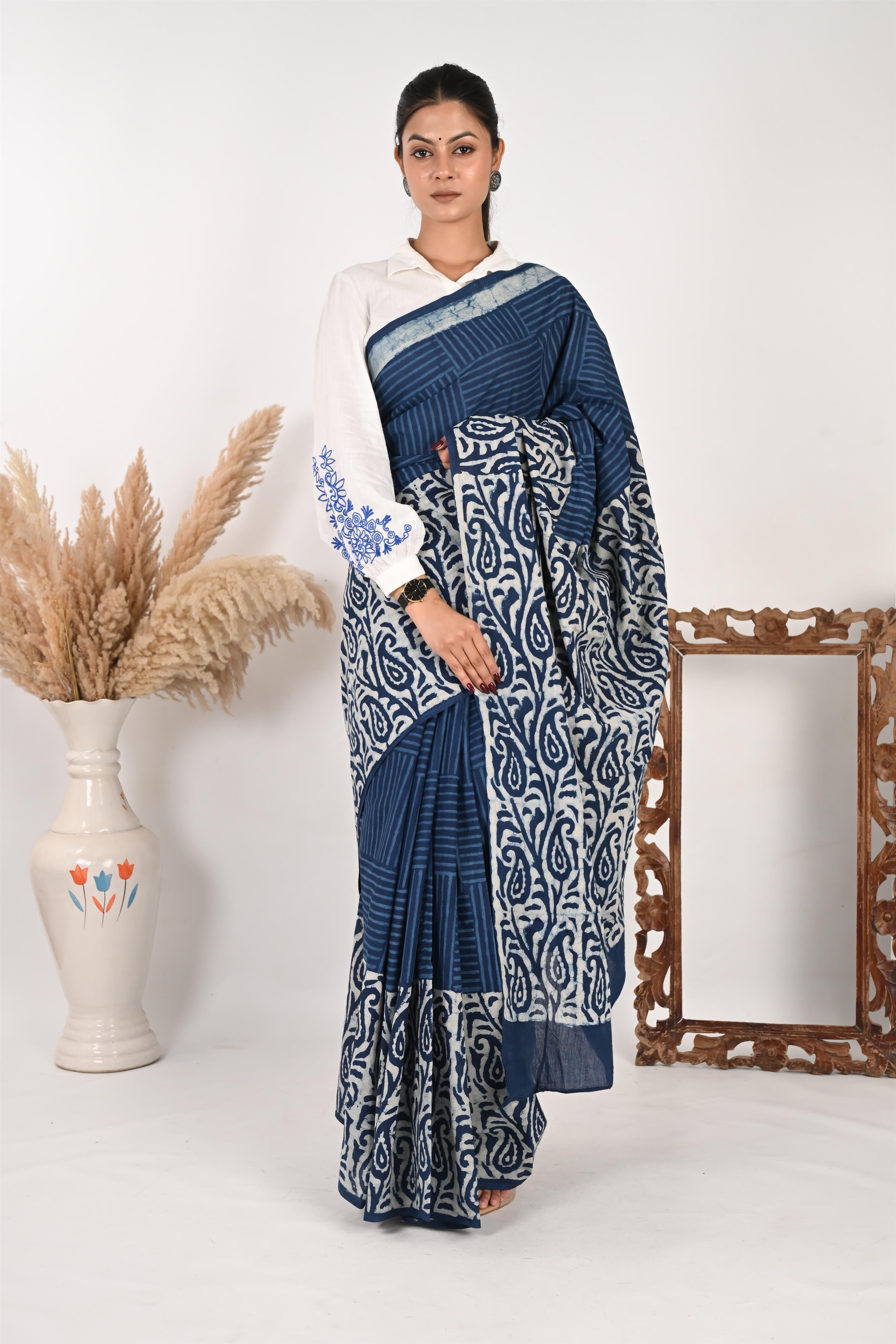 Workflow Wonder - Indigo Mulmul Handblock Saree